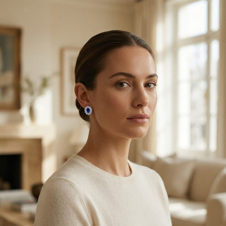 Sapphire & Diamond Princess Di Earrings in 18K White Gold - on model