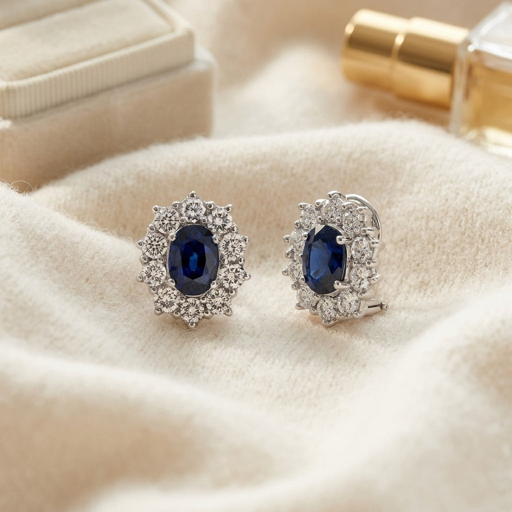 Sapphire & Diamond Princess Di Earrings in 18K White Gold - flat lay