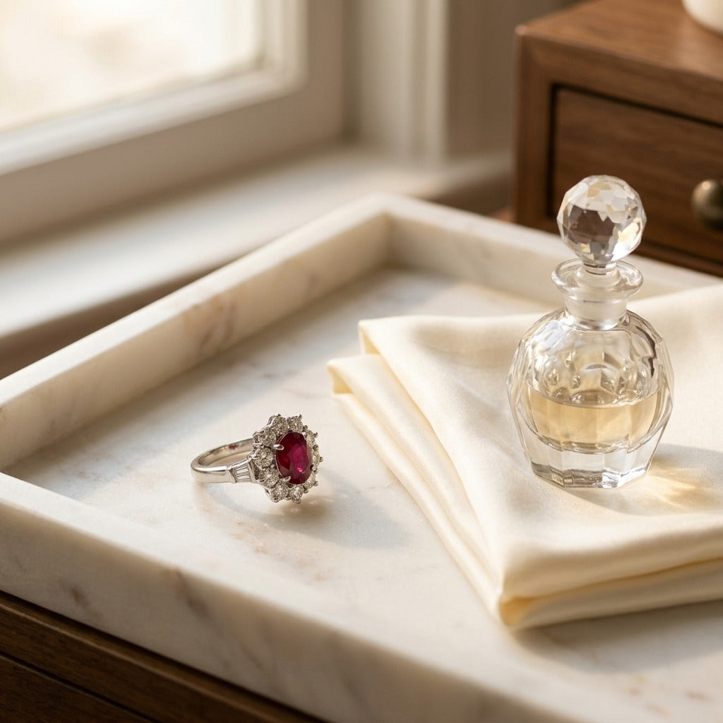 Ruby Oval & Diamond Flower Ring in 18K White Gold - lifestyle