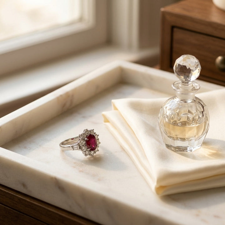 Ruby Oval & Diamond Flower Ring in 18K White Gold - lifestyle