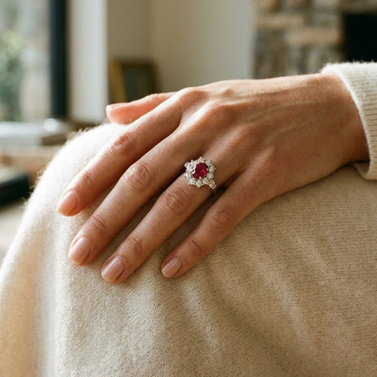 Ruby Oval & Diamond Flower Ring in 18K White Gold - editorial