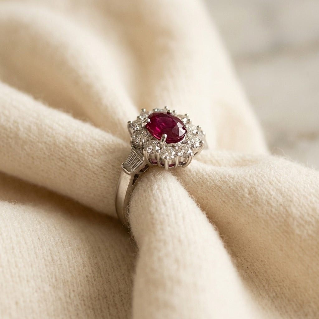 Ruby Oval & Diamond Flower Ring in 18K White Gold - flat lay