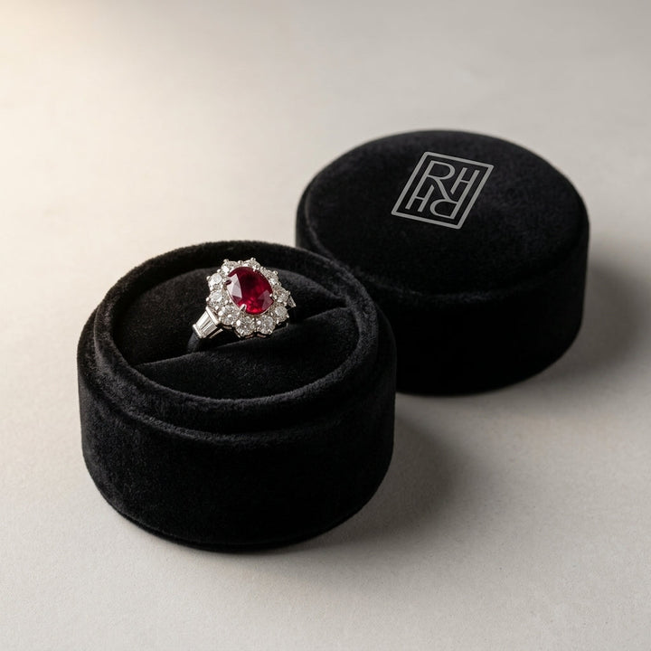 Ruby Oval & Diamond Flower Ring in 18K White Gold - presentation
