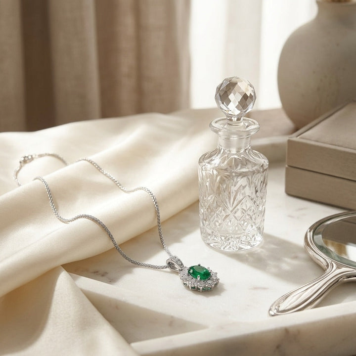Emerald Oval & Diamond Pendant in 18K Gold in 18K White Gold - lifestyle