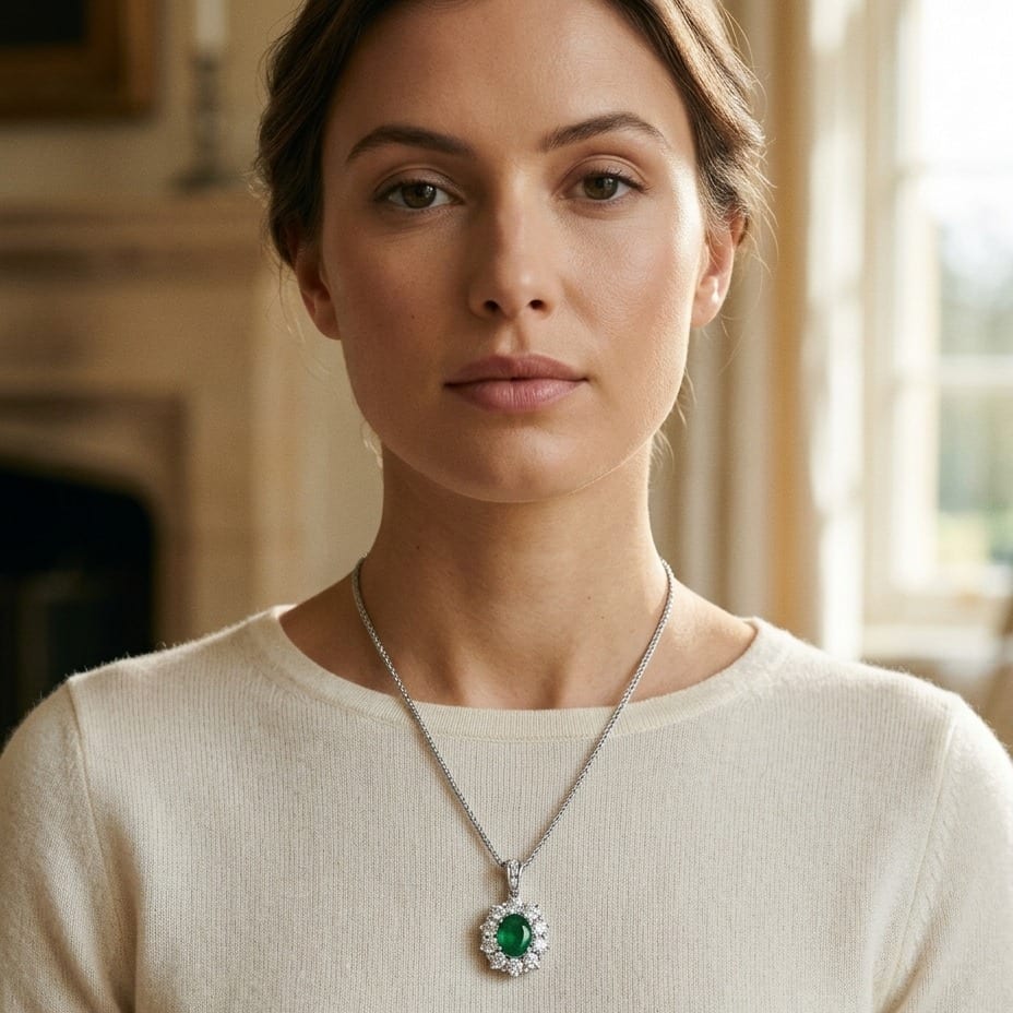 Emerald Oval & Diamond Pendant in 18K Gold in 18K White Gold - editorial