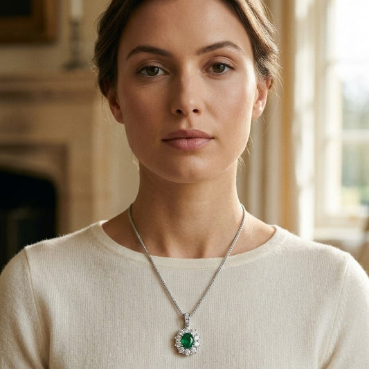 Emerald Oval & Diamond Pendant in 18K Gold in 18K White Gold - editorial