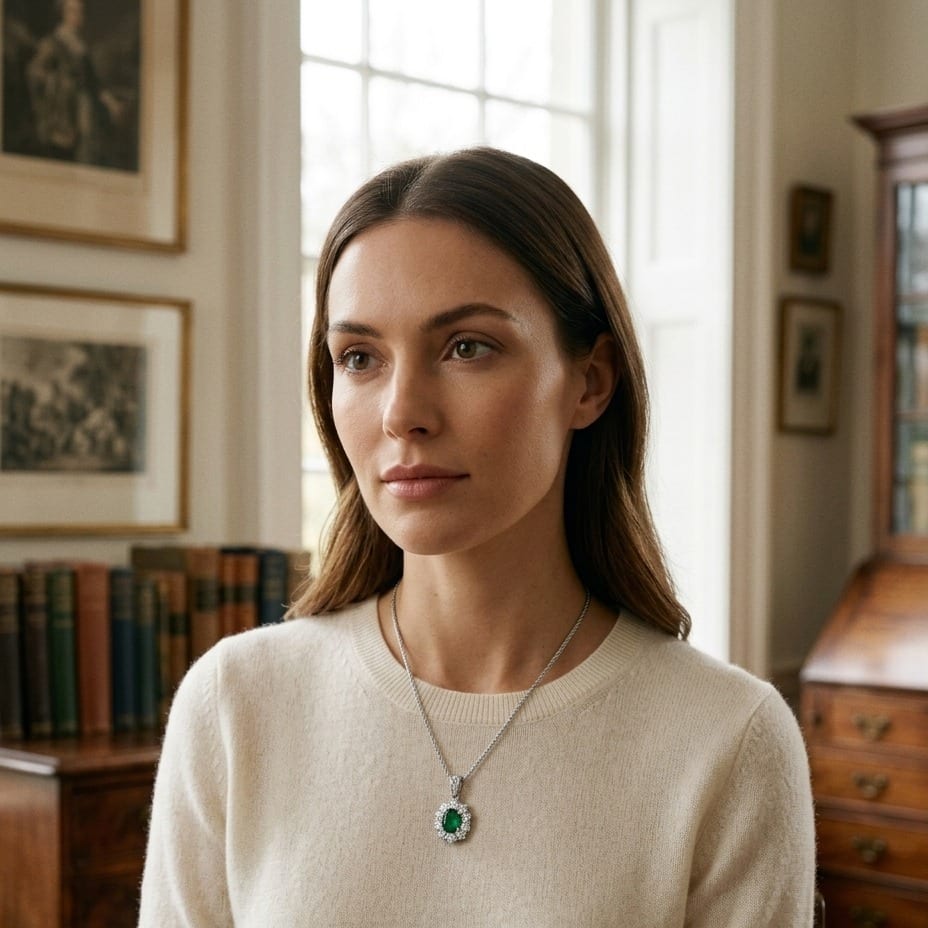 Emerald Oval & Diamond Pendant in 18K Gold in 18K White Gold - on model