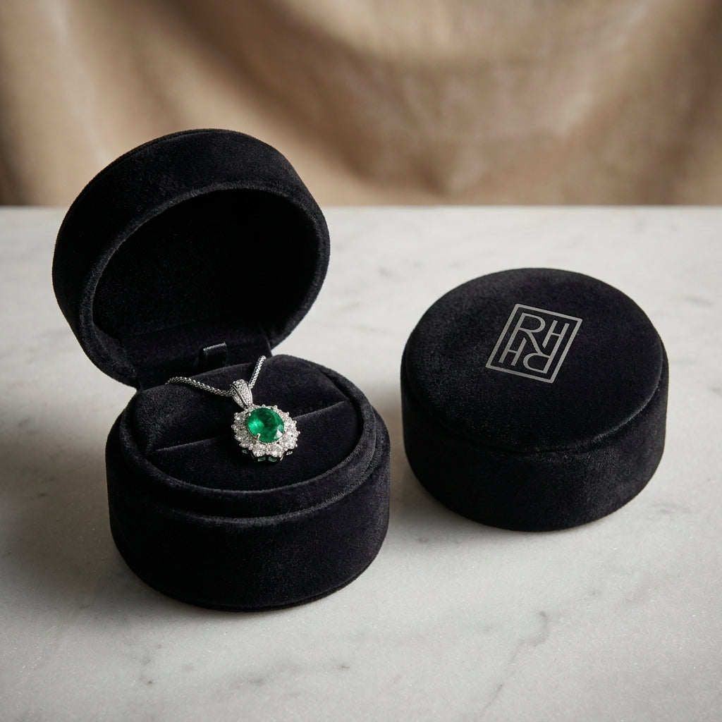 Emerald Oval & Diamond Pendant in 18K Gold in 18K White Gold - presentation