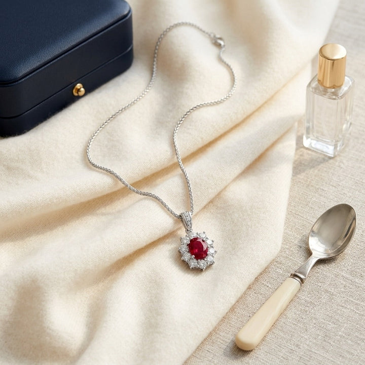 Pink Tourmaline & Diamond Oval Halo Pendant with Tapered Channel Bail in 18K White Gold - flat lay