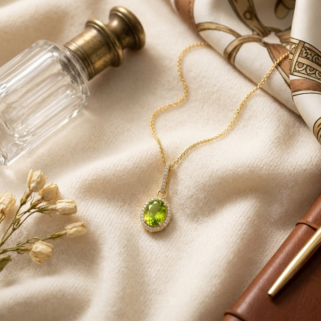 Peridot & Diamond Pendant in 18K Yellow Gold - flat lay