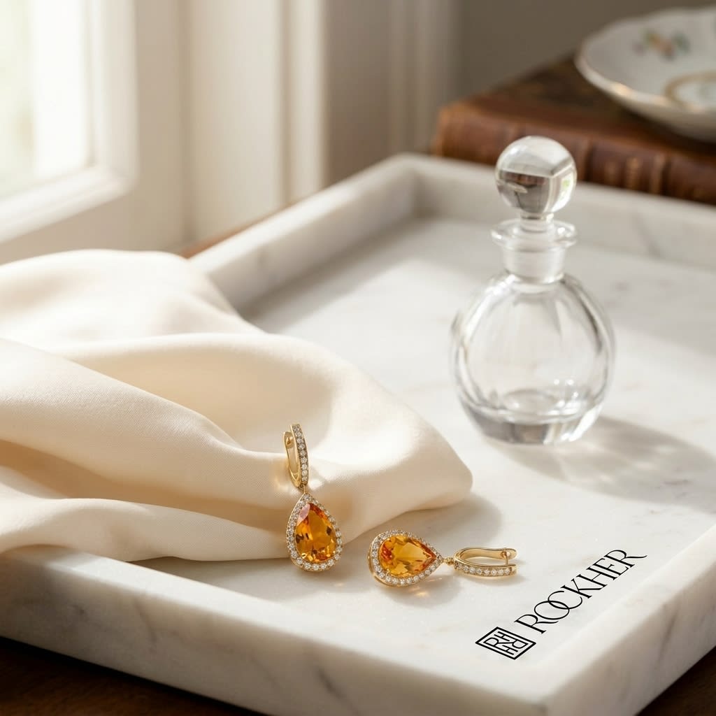 Pear Citrine and Diamond Halo Earrings in 18K Yellow Gold, 8.24ct, on marble vanity tray with silk