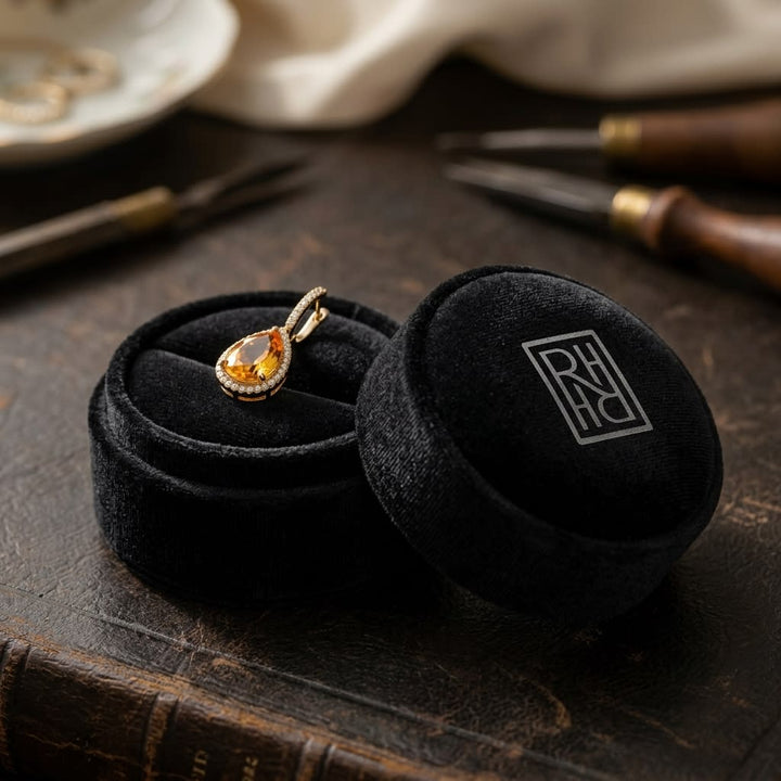 Pear Citrine and Diamond Halo Earrings in 18K Yellow Gold, 8.24ct, in navy velvet jewelry box