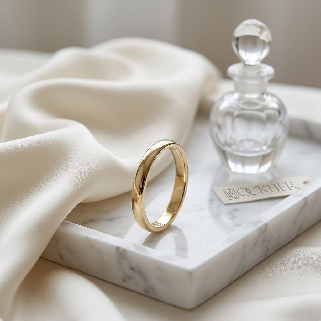 2mm Slightly Domed Traditional Oval Wedding Band in 18K Yellow Gold, on marble vanity tray with silk