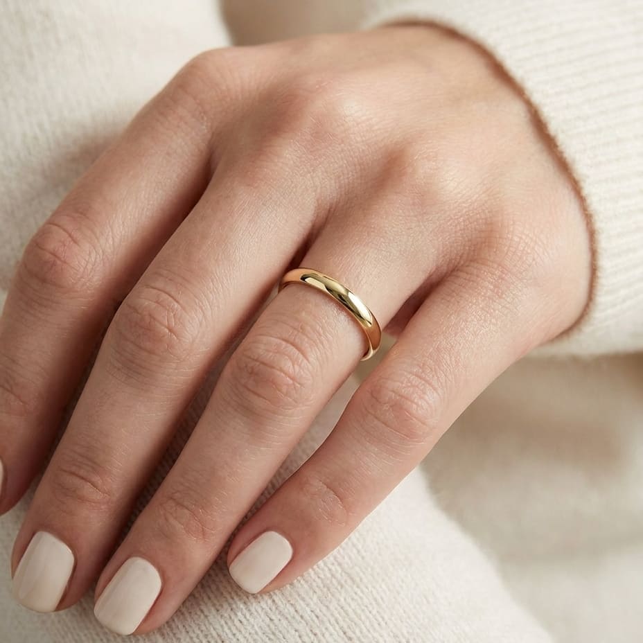 2.5mm Slightly Domed Traditional Oval Wedding Band in 18K Yellow Gold, worn on hand, close-up