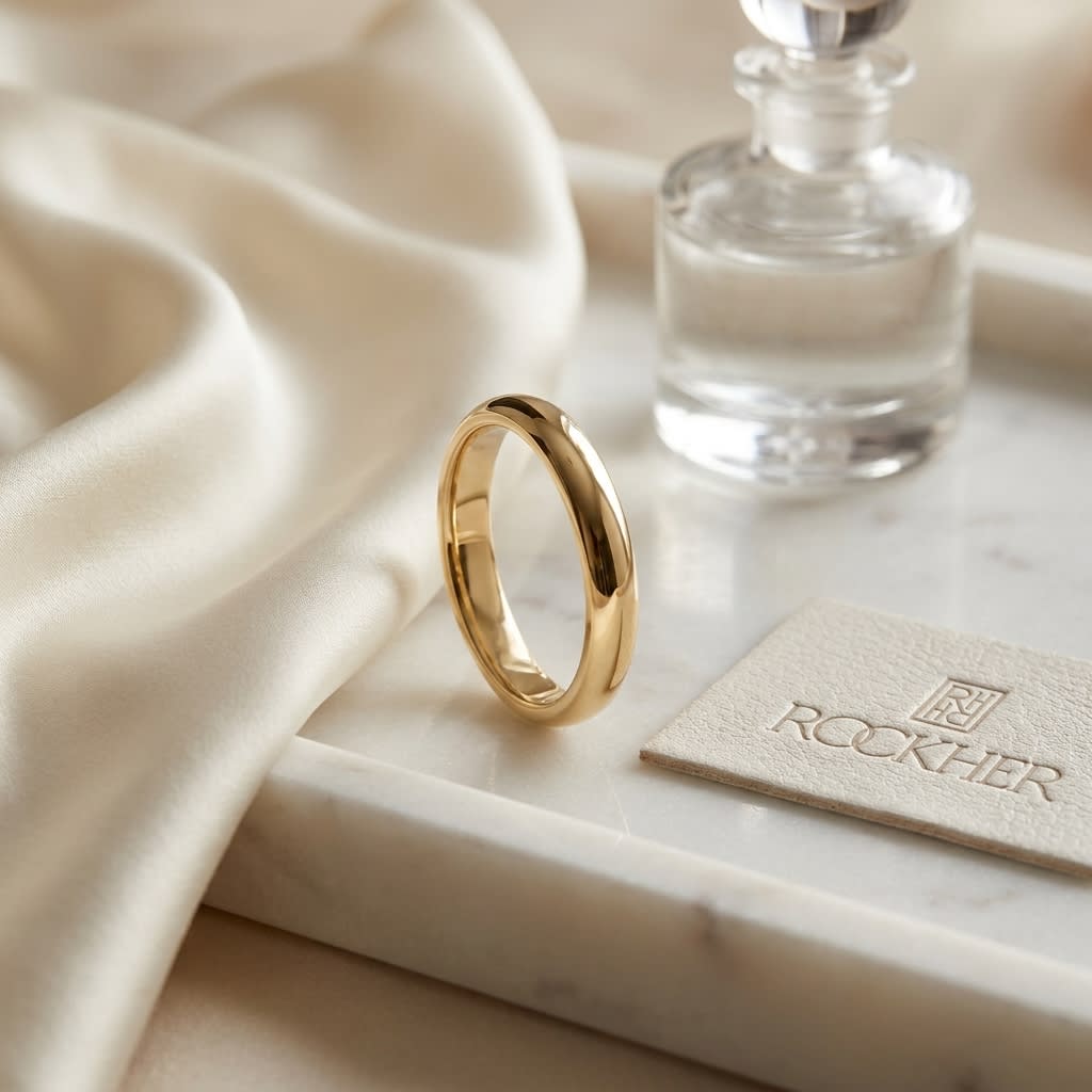 2.5mm Slightly Domed Traditional Oval Wedding Band in 18K Yellow Gold, on marble vanity tray with silk