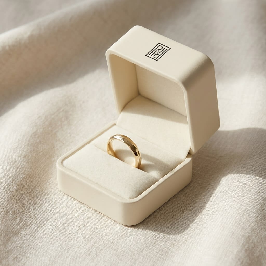 2.5mm Slightly Domed Traditional Oval Wedding Band in 18K Yellow Gold, in navy velvet jewelry box