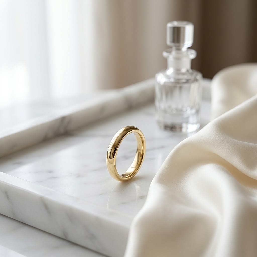 3mm Slightly Domed Traditional Oval Wedding Band in 18K Yellow Gold, on marble vanity tray with silk