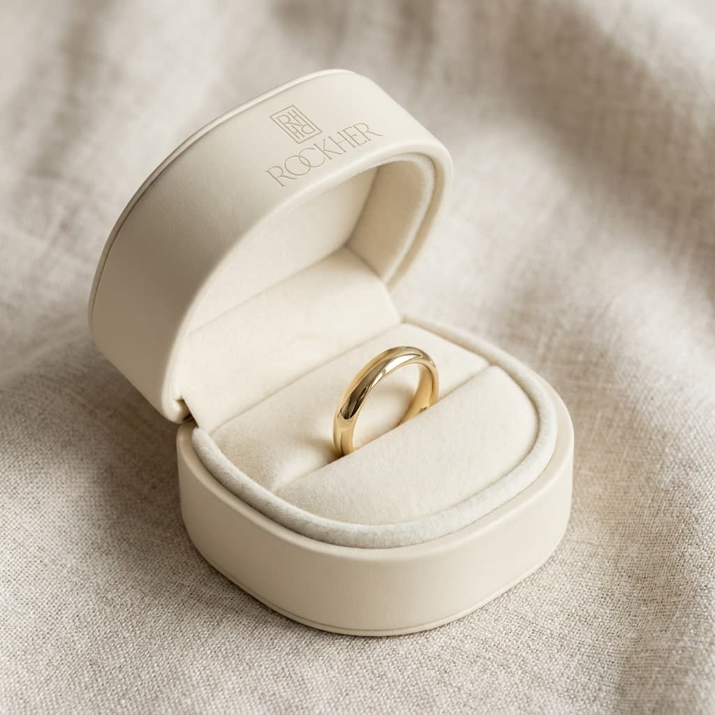 3mm Slightly Domed Traditional Oval Wedding Band in 18K Yellow Gold, in navy velvet jewelry box