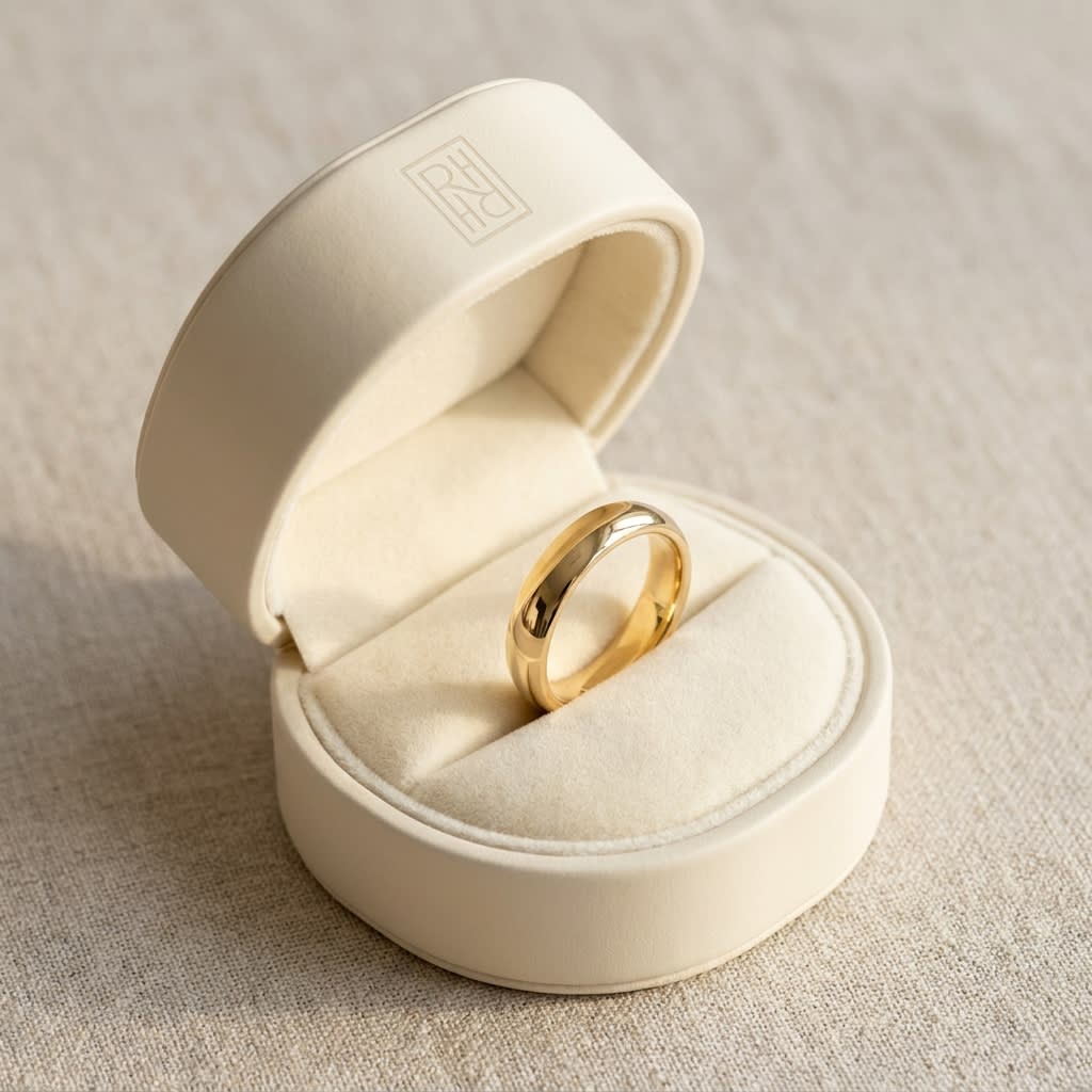 4mm Slightly Domed Traditional Oval Wedding Band in 18K Yellow Gold, in navy velvet jewelry box