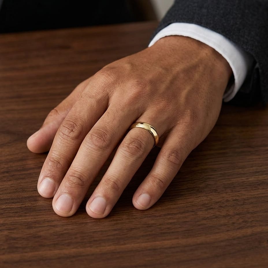 5mm Slightly Domed Traditional Oval Wedding Band in 18K Yellow Gold, worn on hand, masculine full view