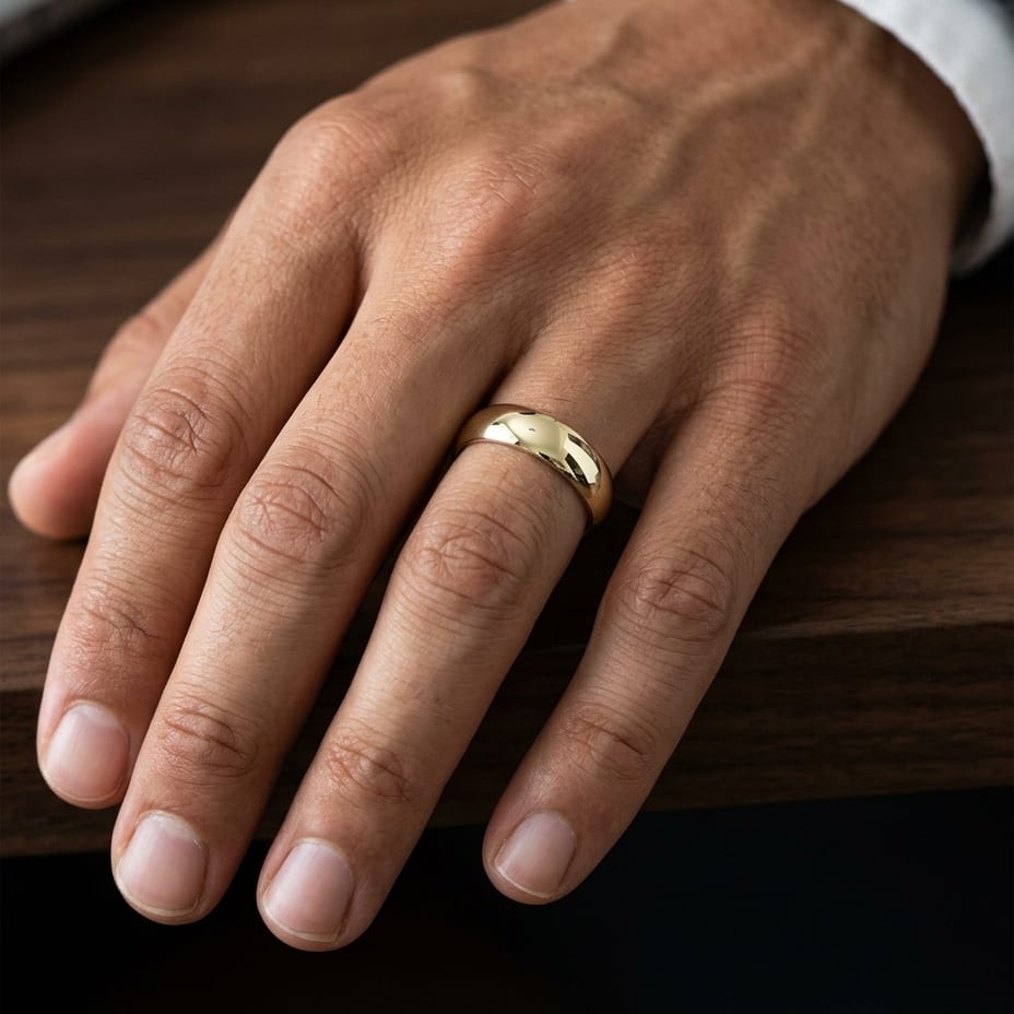 6mm Slightly Domed Traditional Oval Wedding Band in 18K Yellow Gold, worn on hand, masculine close-up
