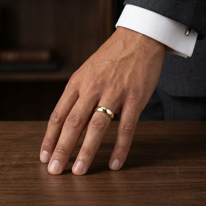6mm Slightly Domed Traditional Oval Wedding Band in 18K Yellow Gold, worn on hand, masculine full view