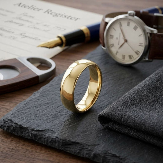 6mm Slightly Domed Traditional Oval Wedding Band in 18K Yellow Gold, on walnut surface with pocket square