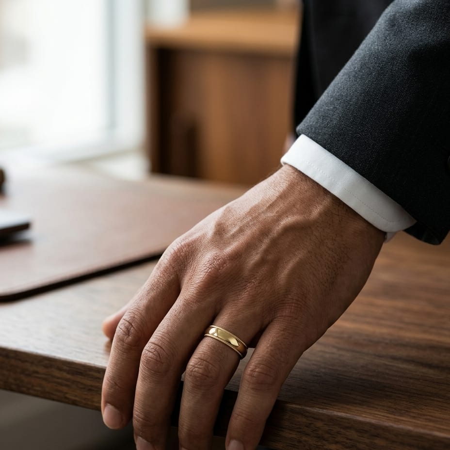 6mm Slightly Domed Traditional Oval Milgrain Wedding Band in 18K Yellow Gold, worn on hand, masculine full view