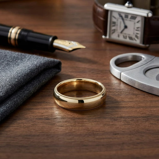 6mm Slightly Domed Traditional Oval Milgrain Wedding Band in 18K Yellow Gold, on walnut surface with pocket square