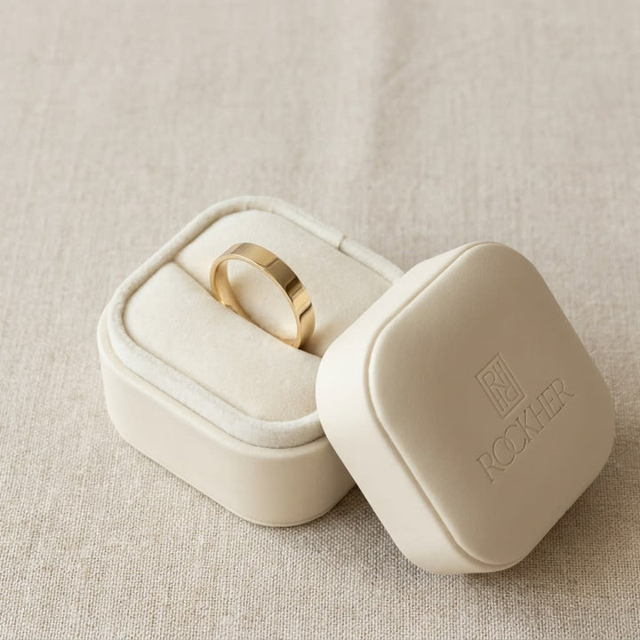 4mm Flat Comfort-Fit Wedding Band in 18K Yellow Gold, in navy velvet jewelry box