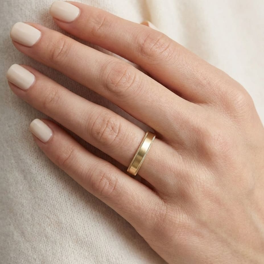 4mm Flat Milgrain Comfort-Fit Wedding Band in 18K Yellow Gold, worn on hand, close-up