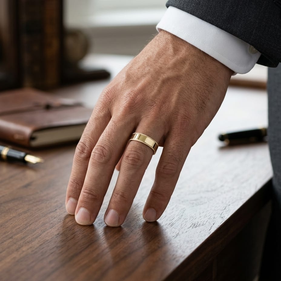 6mm Flat Milgrain Comfort-Fit Wedding Band in 18K Yellow Gold, worn on hand, masculine full view