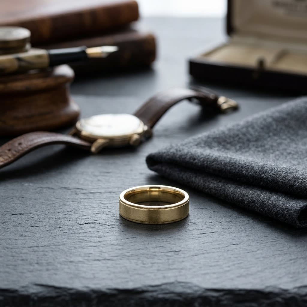 6mm Flat Milgrain Comfort-Fit Wedding Band in 18K Yellow Gold, on walnut surface with pocket square