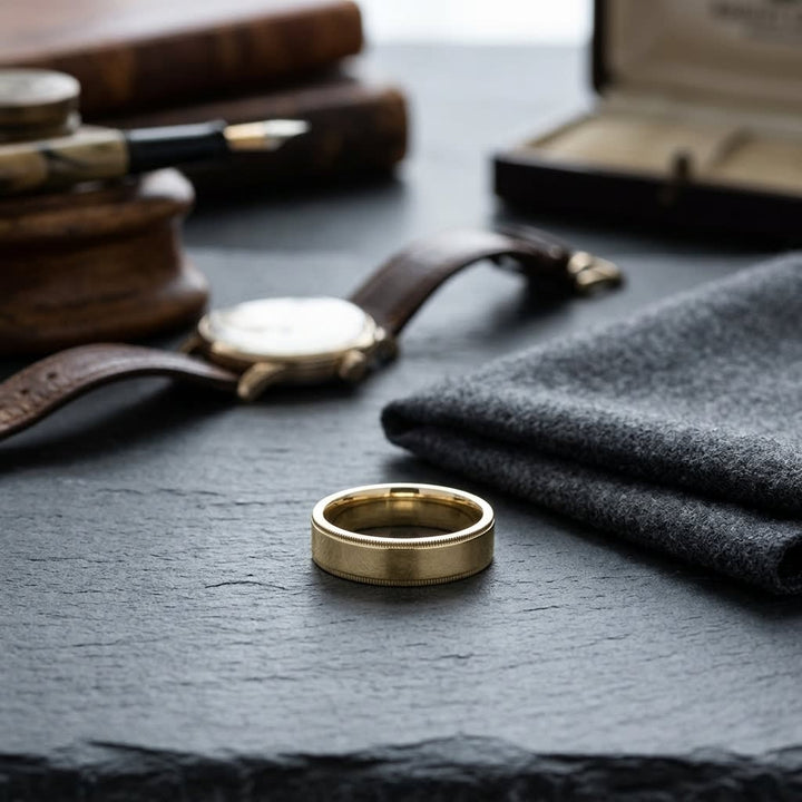 6mm Flat Milgrain Comfort-Fit Wedding Band in 18K Yellow Gold, on walnut surface with pocket square
