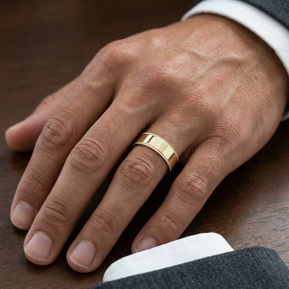 8mm Flat Milgrain Comfort-Fit Wedding Band in 18K Yellow Gold, worn on hand, masculine close-up