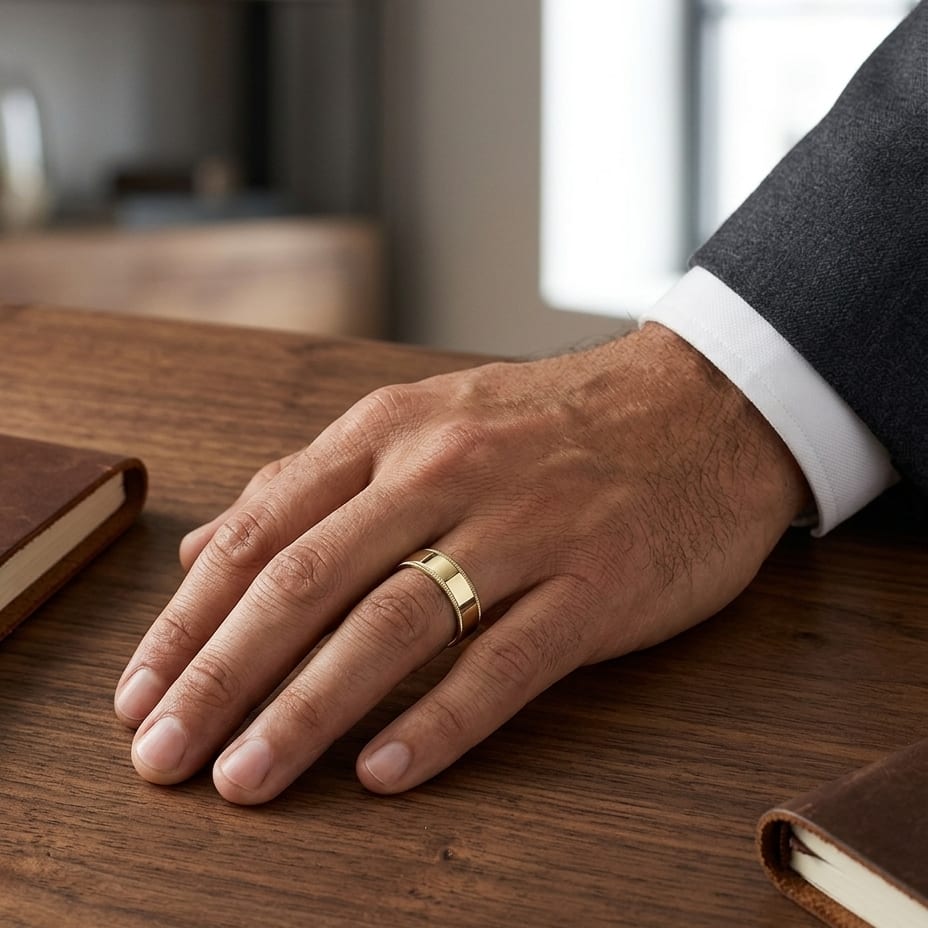 8mm Flat Milgrain Comfort-Fit Wedding Band in 18K Yellow Gold, worn on hand, masculine full view