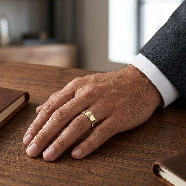 8mm Flat Milgrain Comfort-Fit Wedding Band in 18K Yellow Gold, worn on hand, masculine full view