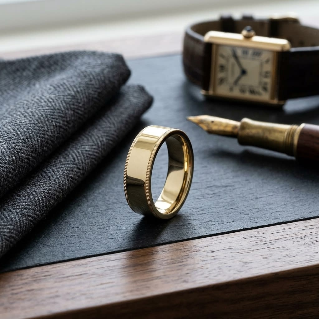 8mm Flat Milgrain Comfort-Fit Wedding Band in 18K Yellow Gold, on walnut surface with pocket square