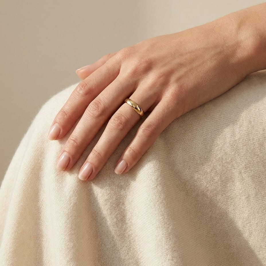 3.5mm Flat Comfort-Fit Wedding Band in 18K Yellow Gold, worn on hand, full view