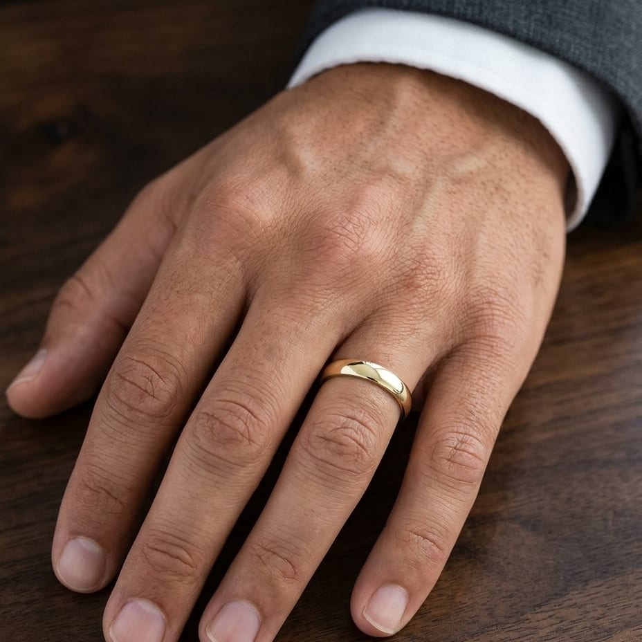 4.5mm Deluxe Comfort-Fit Wedding Band in 18K Yellow Gold, worn on hand, masculine close-up