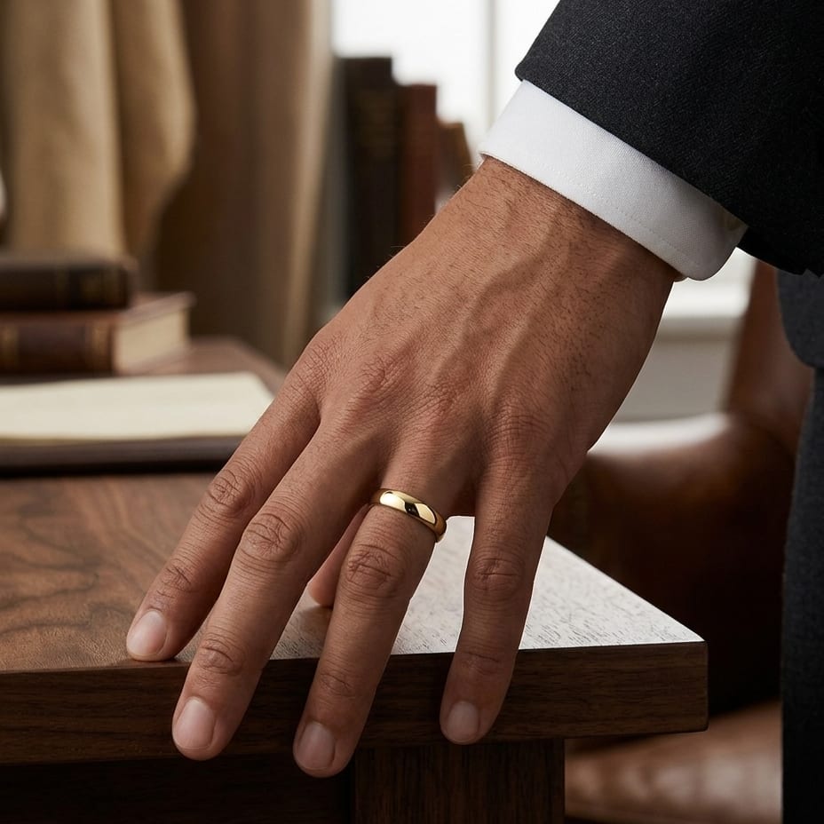 4.5mm Deluxe Comfort-Fit Wedding Band in 18K Yellow Gold, worn on hand, masculine full view