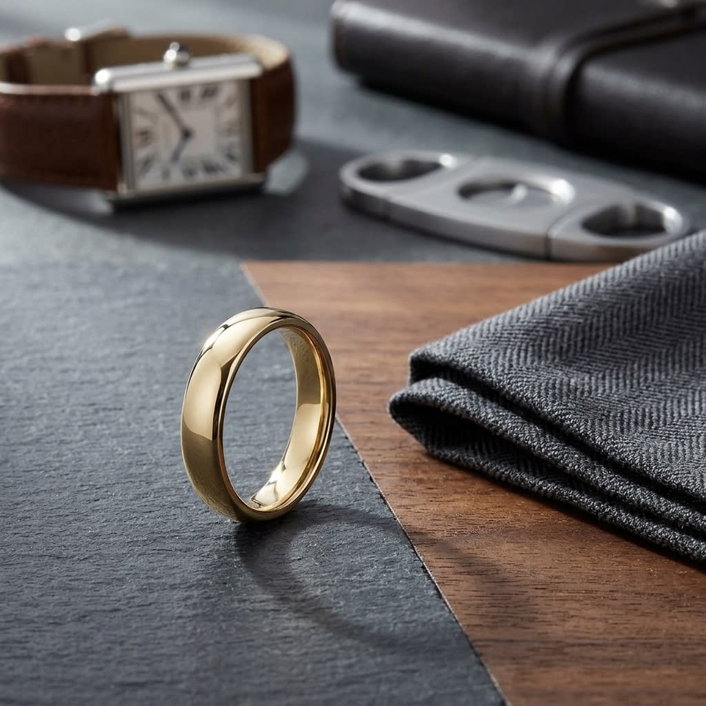 4.5mm Deluxe Comfort-Fit Wedding Band in 18K Yellow Gold, on walnut surface with pocket square