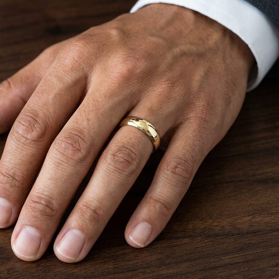 5.5mm Deluxe Comfort-Fit Wedding Band in 18K Yellow Gold, worn on hand, masculine close-up