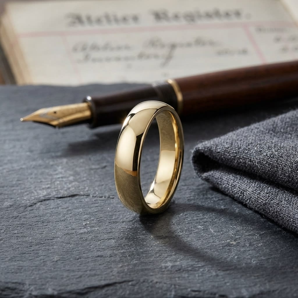 5.5mm Deluxe Comfort-Fit Wedding Band in 18K Yellow Gold, on walnut surface with pocket square