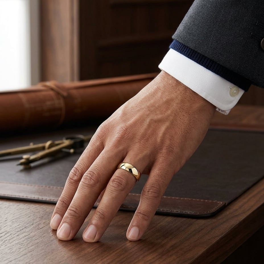 6.5mm Deluxe Comfort-Fit Wedding Band in 18K Yellow Gold, worn on hand, masculine full view
