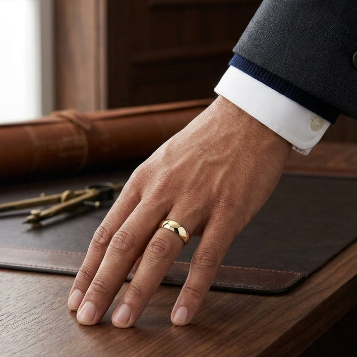 6.5mm Deluxe Comfort-Fit Wedding Band in 18K Yellow Gold, worn on hand, masculine full view