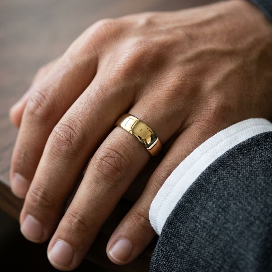 7.5mm Comfort-Fit Wedding Band in 18K Yellow Gold, worn on hand, masculine close-up