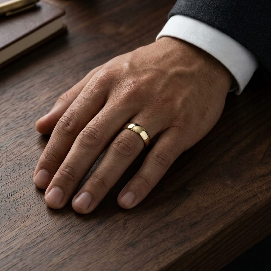 7.5mm Comfort-Fit Wedding Band in 18K Yellow Gold, worn on hand, masculine full view