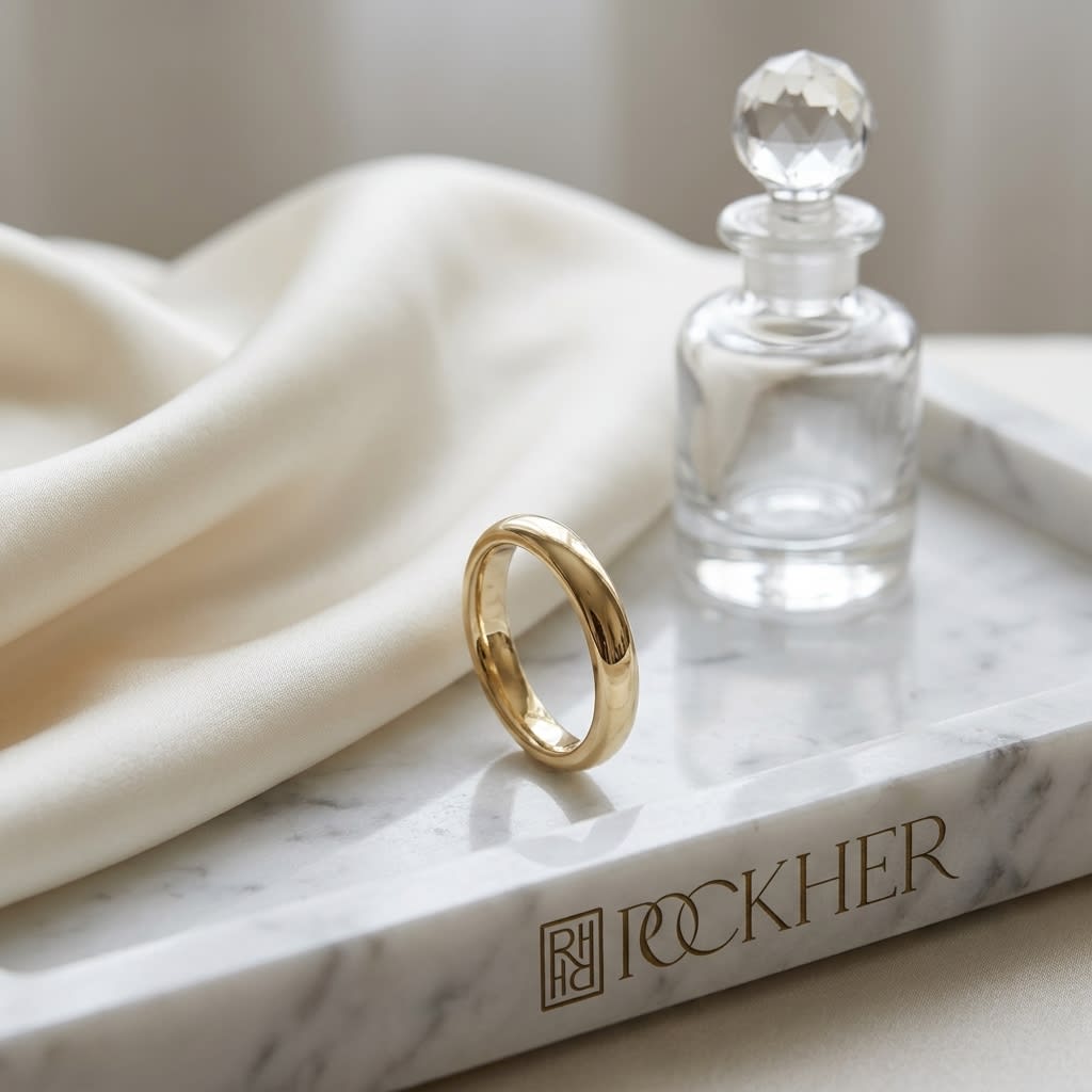 3mm High Dome Comfort-Fit Wedding Band in 18K Yellow Gold, on marble vanity tray with silk