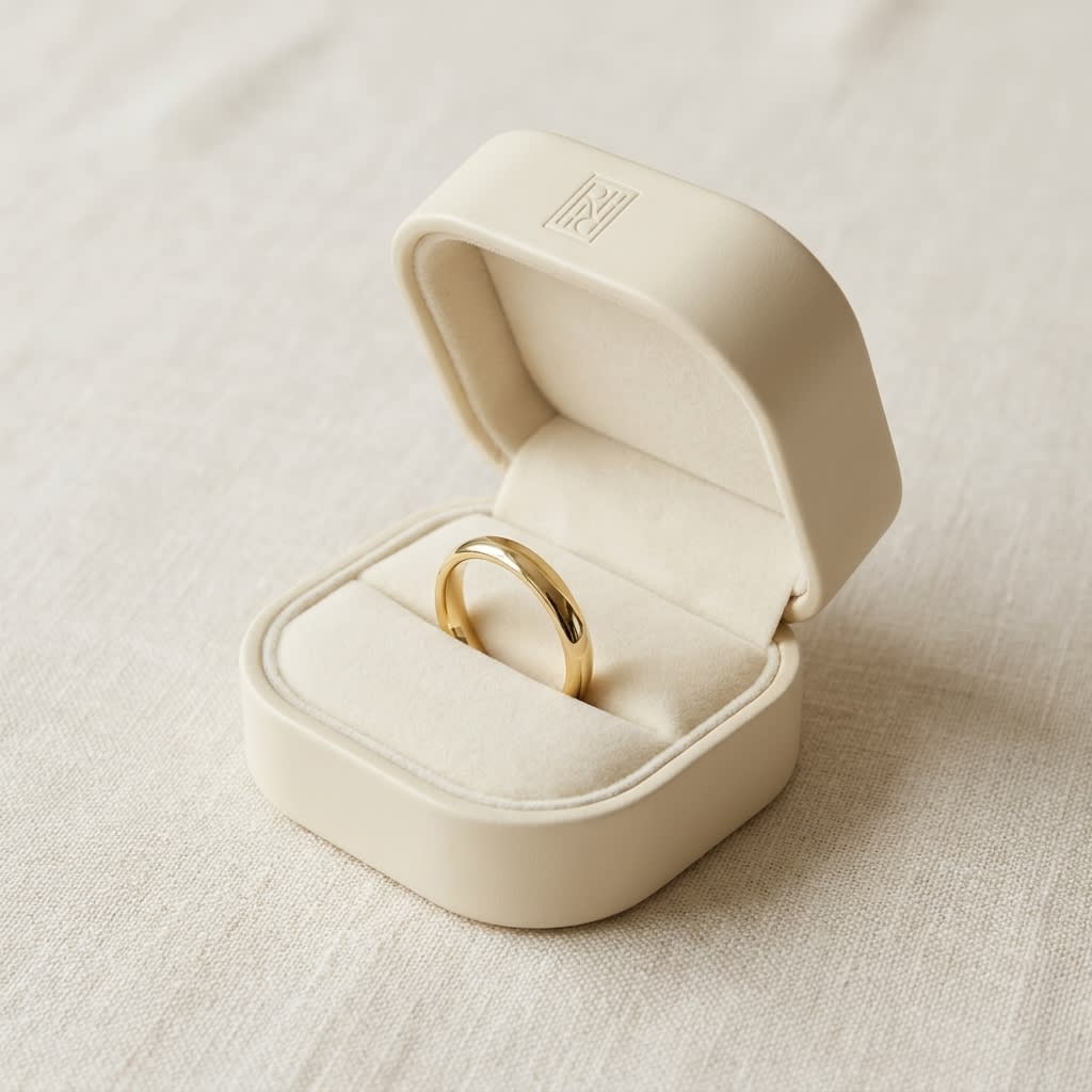 3mm High Dome Comfort-Fit Wedding Band in 18K Yellow Gold, in navy velvet jewelry box